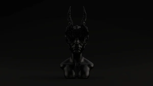 Black Antique Horned Demon Queen Statua Bust Black Tło Widok — Zdjęcie stockowe