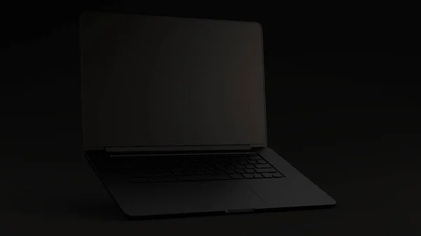 Laptop Negro Levantado Fondo Negro Ilustración Render — Foto de Stock