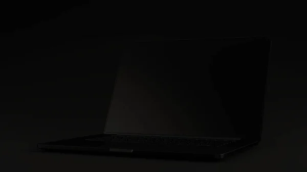 Laptop Negro Levantado Fondo Negro Ilustración Render — Foto de Stock