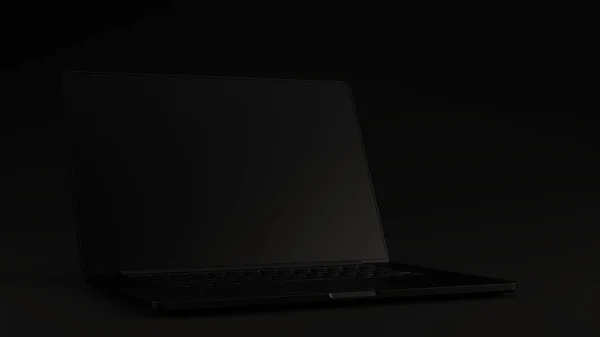 Laptop Preto Levantado Fundo Preto Ilustração Render — Fotografia de Stock