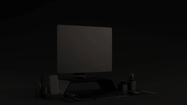 Black Contemporary Desk Setup 3d illustration 3d render