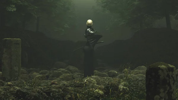 Fekete Futurisztikus Szamuráj Démon Áll Sziklás Erdő Tisztás Sírkövek Kardok — Stock Fotó