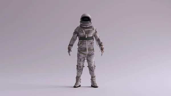 ブラックバイザーとシルバーホワイトの宇宙服を着たレトロな宇宙飛行士 ライトグレーの背景を持つ中性拡散サイドライティングフロントビュー3Dイラスト3Dレンダリング — ストック写真