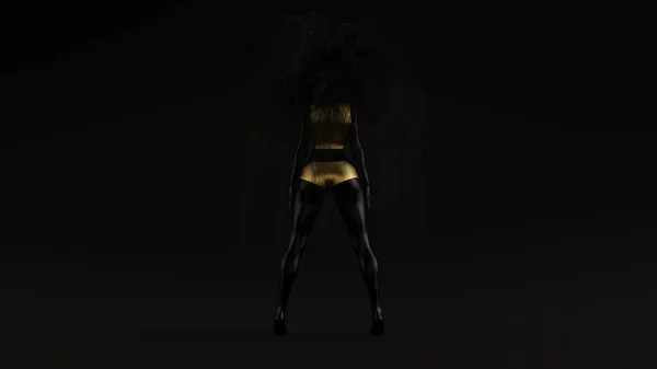 黑金女人强凌乱黑头发日黑色背景3D插图3D渲染 — 图库照片