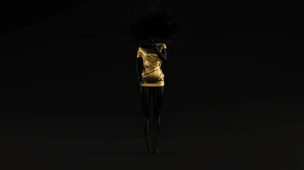 黑金女人强凌乱黑头发日黑色背景3D插图3D渲染 — 图库照片