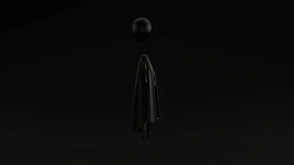 Black Floating Ghost Spirit Child Black Balloon Black Background Front — стоковое фото