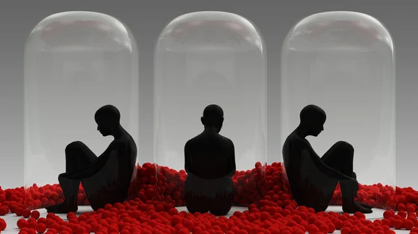 Self Isolation 3 Woman Sitting Down in a Giant Bell Jar Surrounded by Lots of Red Spheres 3d illustration 3d render