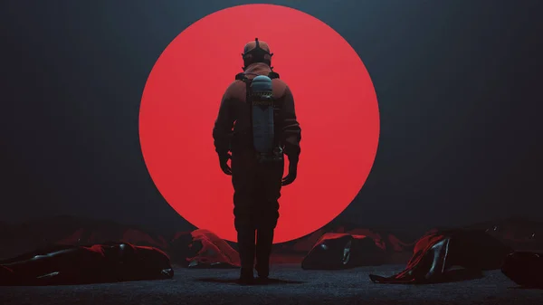 身穿危险服的男子在雾蒙蒙的空隙中检查黑色的尸袋一个大的红色球体 — 图库照片
