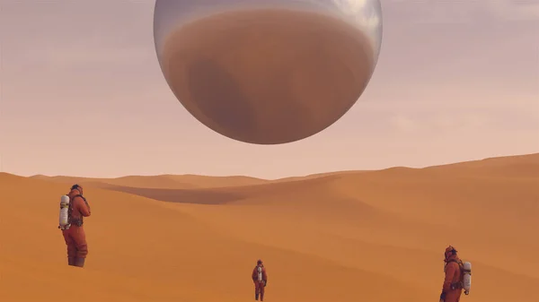 Large Alien Silver Sphere Floating above Desert Sand Dunes with 3 Humans in Hazmat Suits Observing it3d illustration
