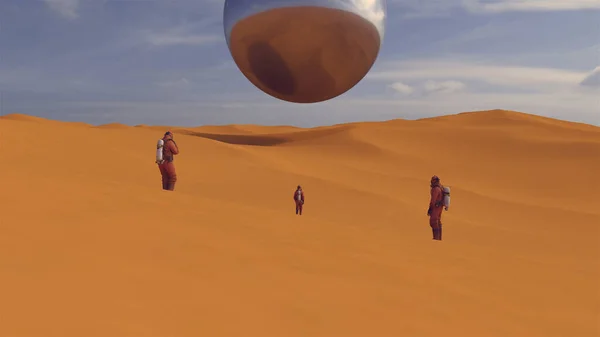 Большая Серебряная Сфера Пришельцев Плавающая Над Песчаными Дюнами Пустыни Людьми — стоковое фото