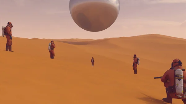 Large Alien Silver Sphere Floating Desert Sand Dunes People Hazmat — Stock Photo, Image