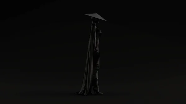 タイトなドレスケープと円錐形の帽子の黒アジアの悪魔アサシン悪の精神黒の背景イラスト3Dレンダリング — ストック写真