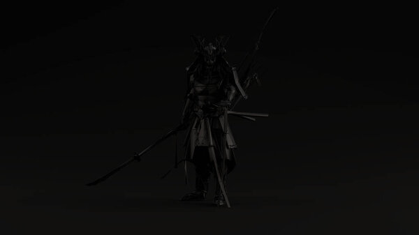 Black Samurai made out of Polygon Triangles with a Lattice Frame Black Background Front View 3d illustration 3d render