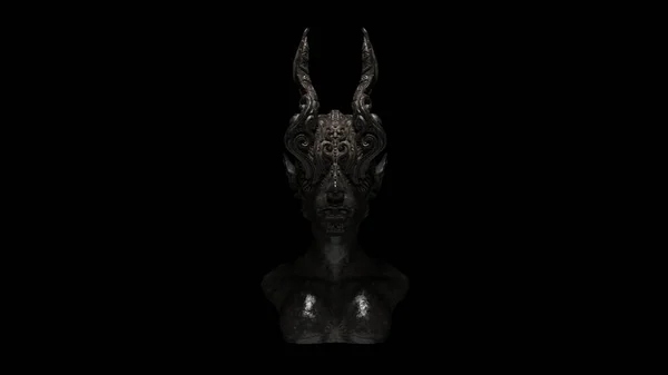 Dusty Old Iron Horned Demon Queen Statue Bust Illustration Render — стокове фото