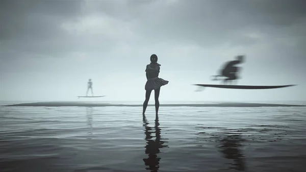 Mysterious Cyberpunk Witch Surf Girls Flying Surfboards Black Sand Rodeado — Foto de Stock