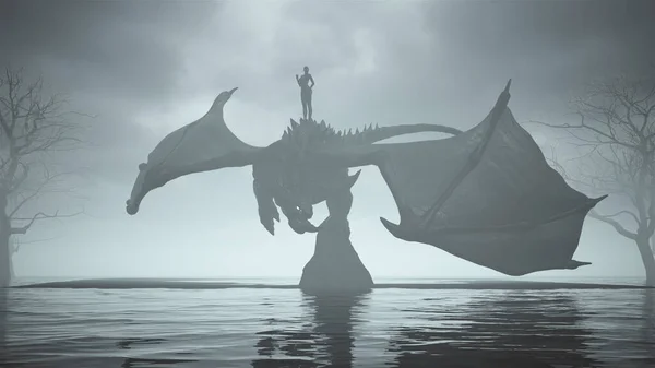 Large Winged Black Dragon with a Woman Dragon Rider Glowing White Eyes on Black Sand Surrounded by Water an some Dead Trees 3d illustration 3d render