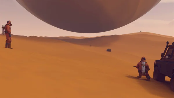 Grande Esfera Prata Alienígena Flutuando Acima Deserto Dunas Areia Com — Fotografia de Stock