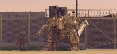 Military Outpost Battle Droid Female Mechanic Soldiers Desert Cyborg Mech Futuristic AI 3d illustration 3d render  clipart
