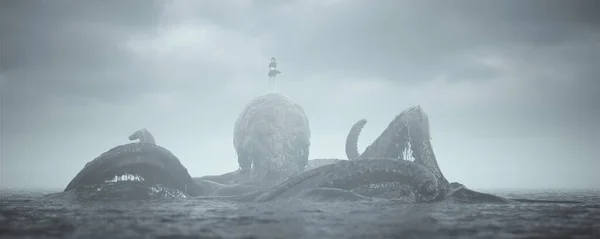 Giant Kraken Met Meisje Beest Meester Rijst Uit Zee Illustratie — Stockfoto