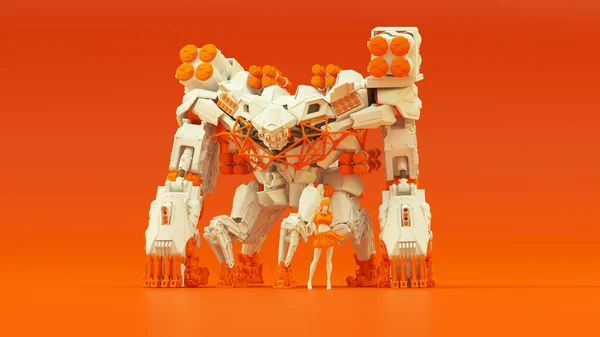 Futurisztikus Battle Droid Cyborg Mech White Egy Narancssárga Női Handler — Stock Fotó