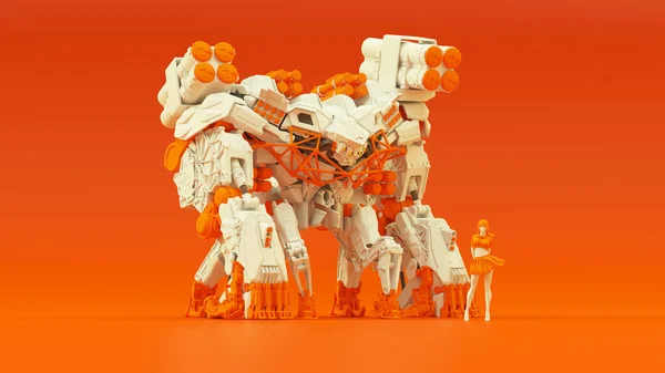 Futuristic Battle Droid Cyborg Mech White Orange Female Handler Quarter — стокове фото