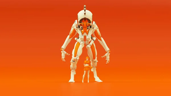 Futuristic Hunter Droid Cyborg Mech White Orange Female Handler Front — стокове фото