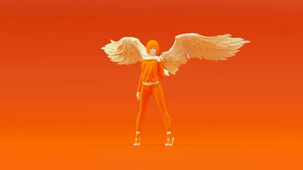 Futuristic Woman Orange Casual Pants Top Standing Wings Formed Out — Stock Photo, Image