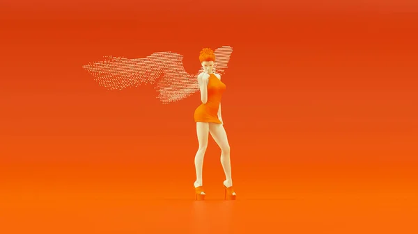 Φουτουριστική Γυναίκα Μικρό Πορτοκαλί Φόρεμα Και Φτερά Κατασκευασμένα Από Σφαίρες — Φωτογραφία Αρχείου