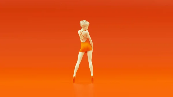 Futuristisk Kvinna Liten Orange Klänning Stående Vit Orange Baksida Visa — Stockfoto