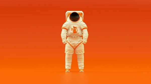 Blanco Naranja Spaceman Spacewalk Traje Astronauta Cosmonauta Con Fondo Naranja — Foto de Stock