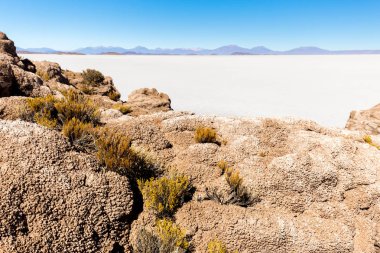 Lav kaya oluşumları Salar De Uyuni Adaları dağlar Bolivya manzara