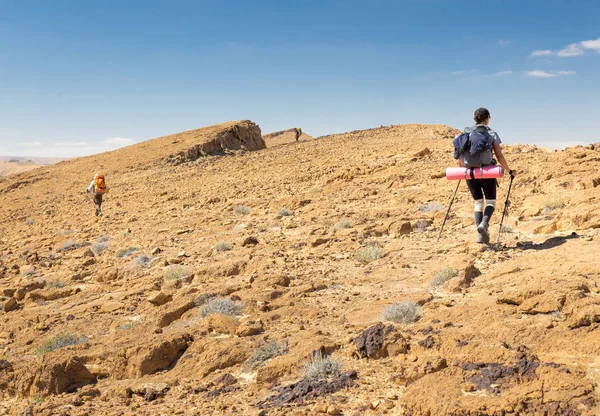 Trois routards marchant sur la pente du désert montagneux . — Photo