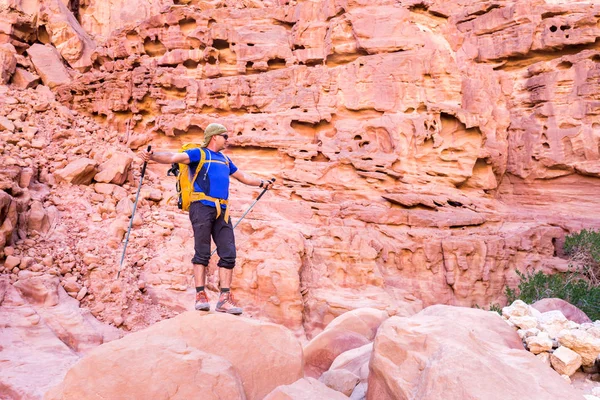 Randonneur touriste homme debout désert pierre canyon montagne tra — Photo