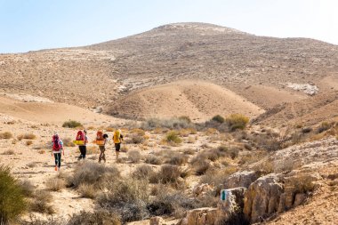 Dört backpackers Hiking trail, Negev Çölü, İsrail.