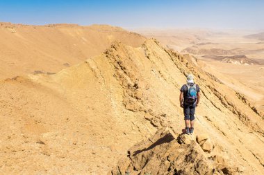 Backpacker turist çöl Dağ cliff sırtı ayakta kenar lan