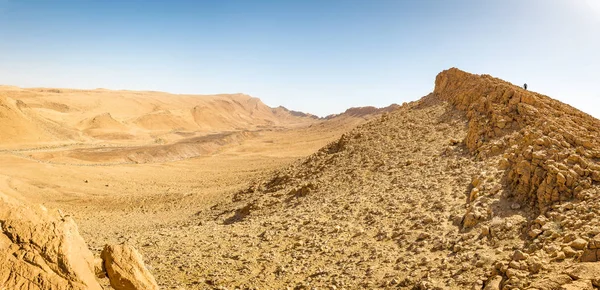 Randonneur pédestre touristique désert montagne falaise bord de crête paysage — Photo