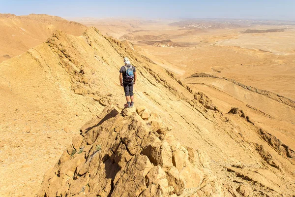Backpacker turist ständiga öken bergsryggen cliff edge lan — Stockfoto