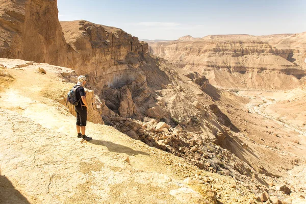 Touriste regardant désert canyon montagne paysage vue . — Photo