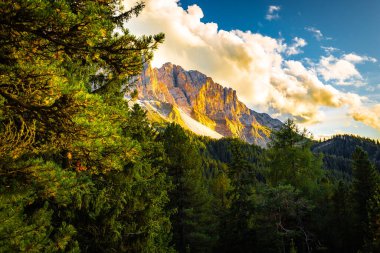 Gün batımında şafak sökerken güzel dağ sırtı uçurumları çam ağaçları manzaraya bakar, Alto Adige Güney Tyrol, İtalya turizmi, Avrupa, yolculuk.
