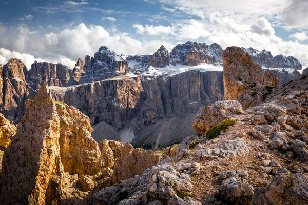 Gruppo Sella Masiv Hřeben Skalnaté Útesy Krásný Výhled Passo Gardena — Stock fotografie