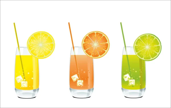 Un vaso de jugo sobre fondo blanco, limón, naranja, lima — Vector de stock