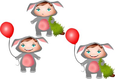 Noel ağacı ve kırmızı balonu olan Noel Tavşanı kostümlü bir kız gülümsüyor.