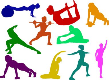 Beyaz arka planda spor yapan kızların siluetleri