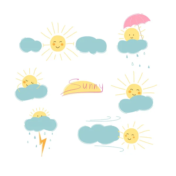 Divertido Conjunto Dibujos Animados Seis Soles Nubes Diferentes Situaciones Ilustración — Vector de stock