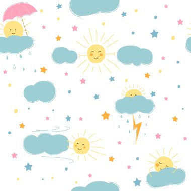 Güneş bulutları yağmur fırtınası rüzgar şemsiyesi, kusursuz vektör çizimi, çizgi film deseni