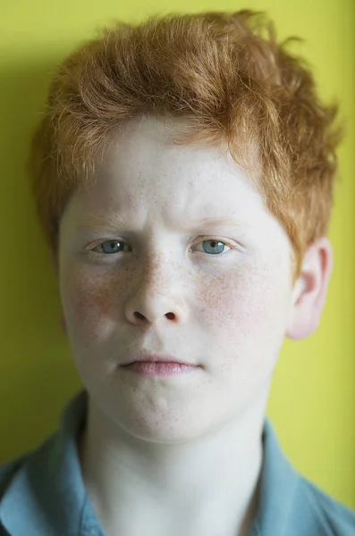 Portrait Boy Red Hair Furrowing Brows — Stock Photo, Image