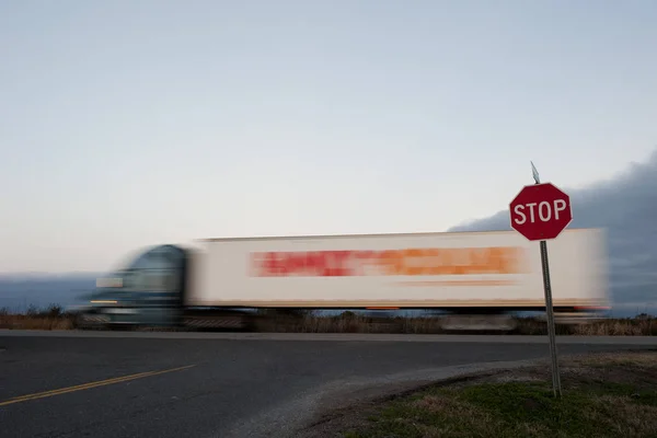 Semi Truck Moving Road Stop Sign — Stock Photo, Image