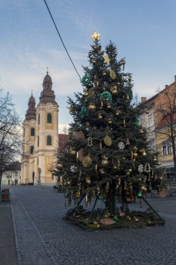 Gyongyos 'un ana meydanındaki Noel ağacı.