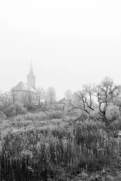 Ледяные деревья и кустарники вокруг церкви в Сайопуспопи — стоковое фото