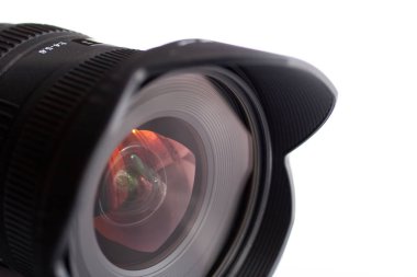 Single-lens reflex camera (slr) lens on white background